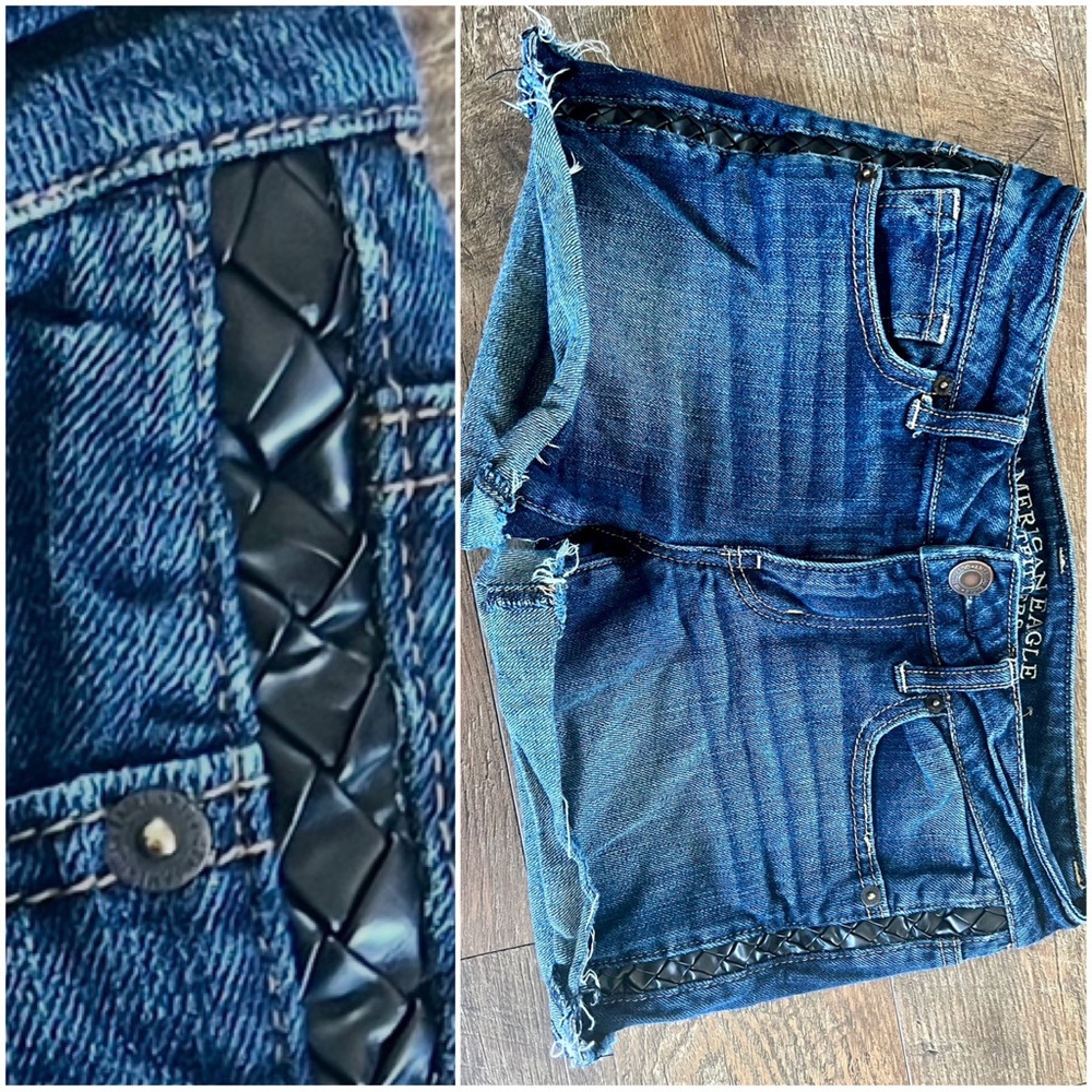 American Eagle Blue Denim Stretch Shorts with Faux Leather Details Size 2